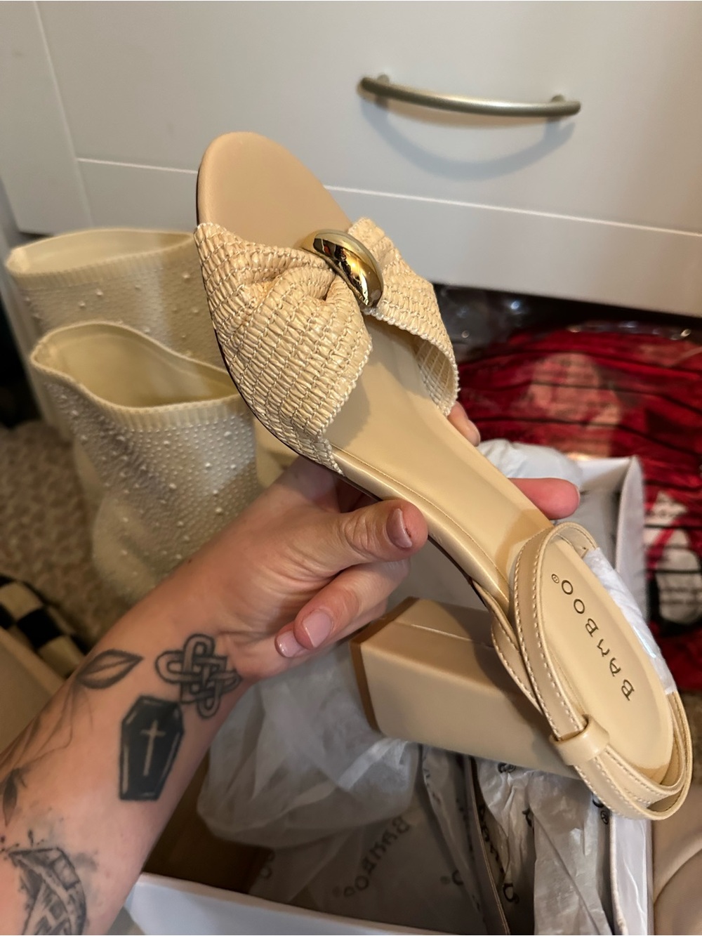 BAMBOO Beige Knot Slide Block Heel Sandals with Gold Accent